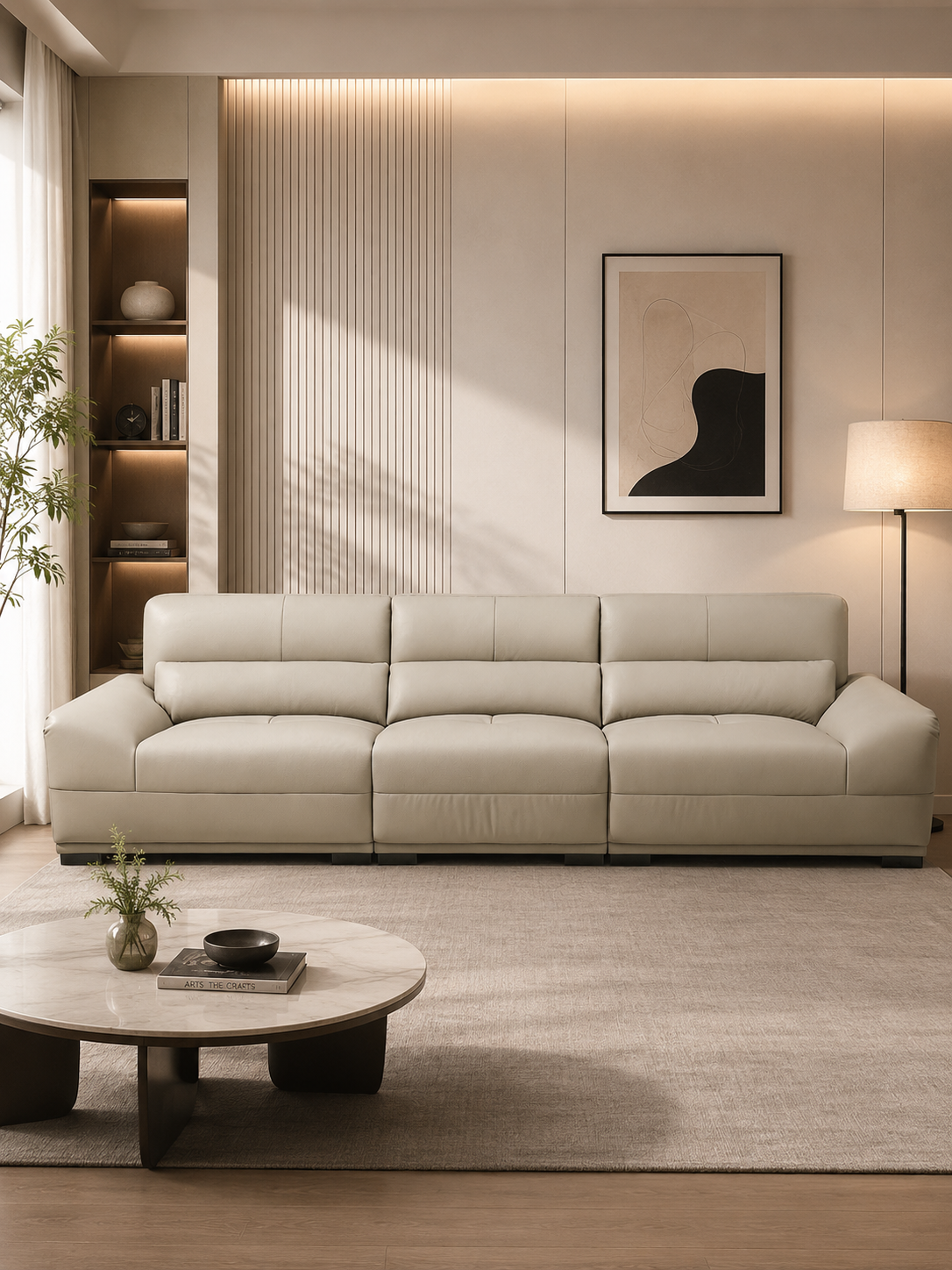 【SALE】CESARE Beige Genuine Leather 3-Seater Sofa | 326cm Luxury Sofa 1101