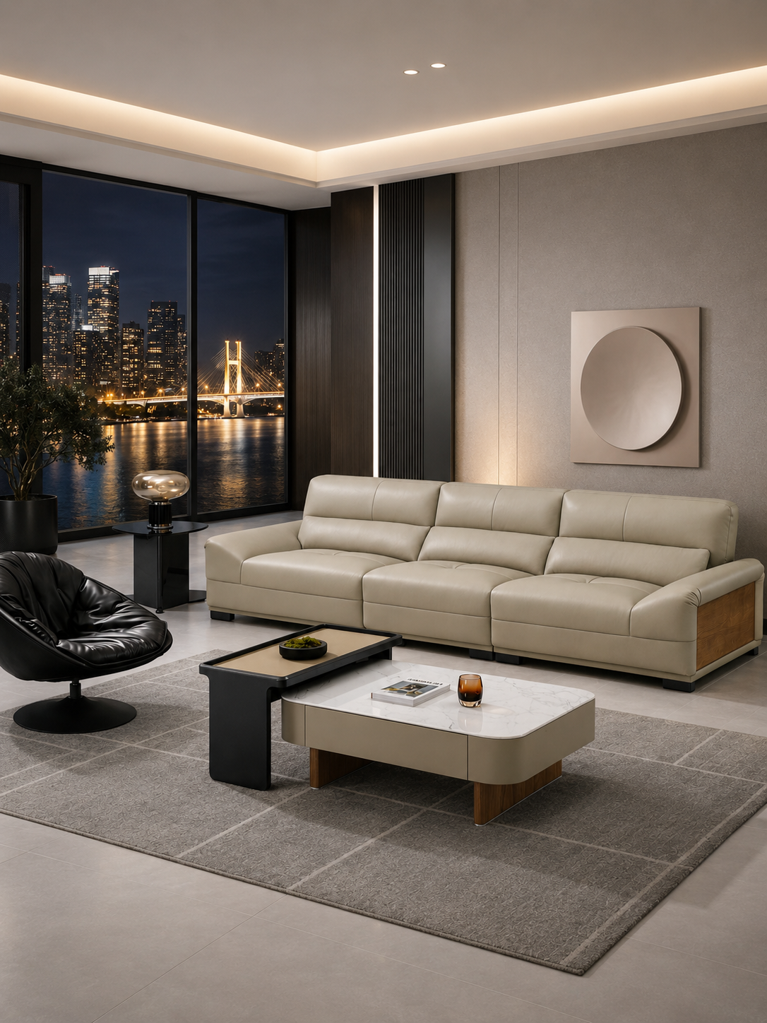 【SALE】CESARE Beige Genuine Leather 3-Seater Sofa | 326cm Luxury Sofa 1101