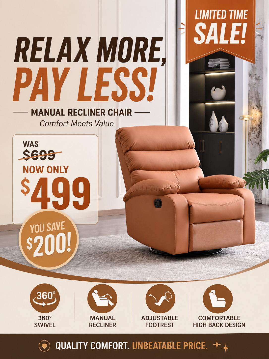 Orange-Brown Cat-Scratch Fabric Manual Recliner Chair with Footrest | OZHomeDepot