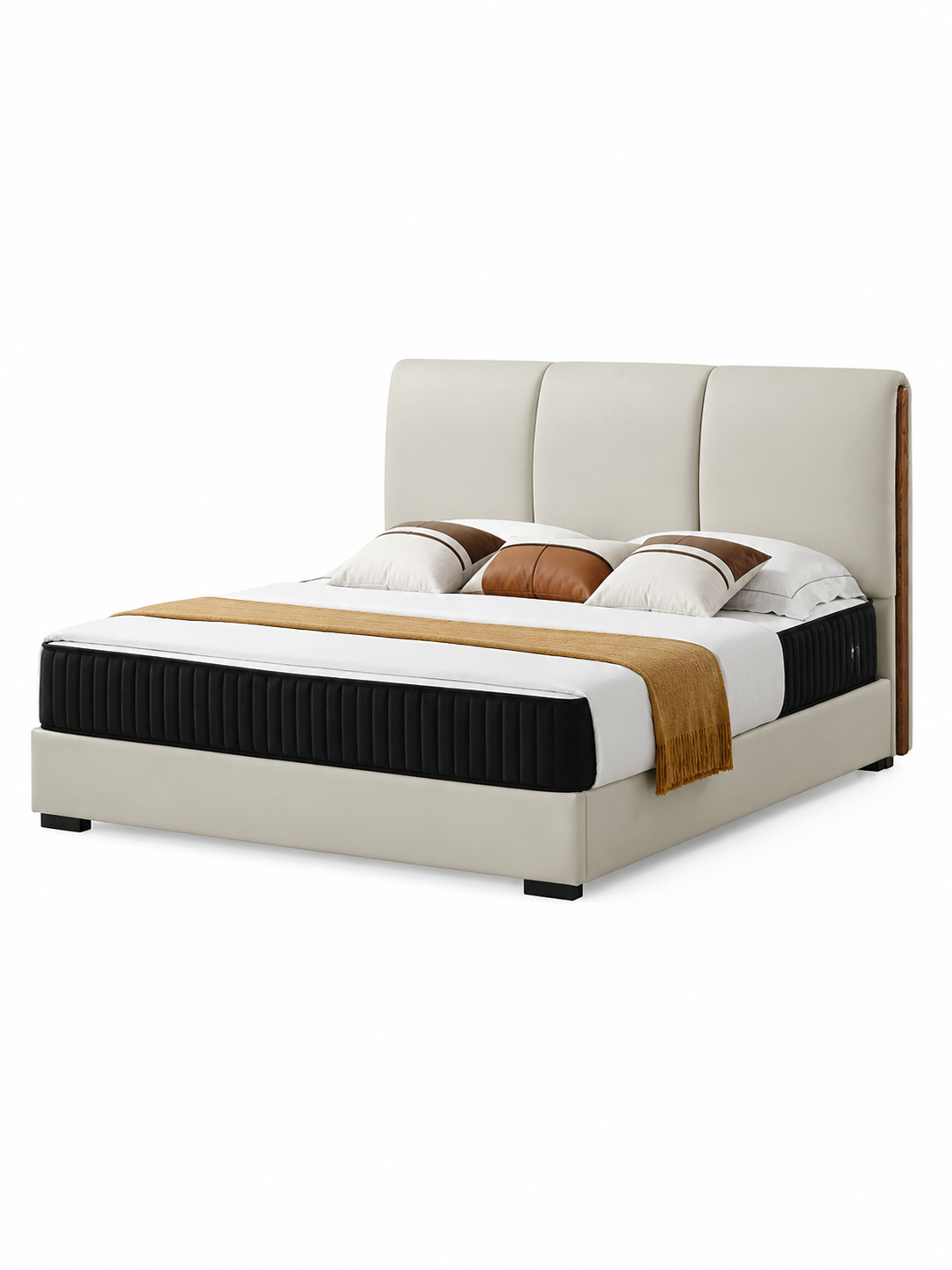 【FREE 2 Bedside Tables】FIORE Genuine Leather Bed Frame with Cushioned Headboard | Integrated Slatted Base | Model 1011