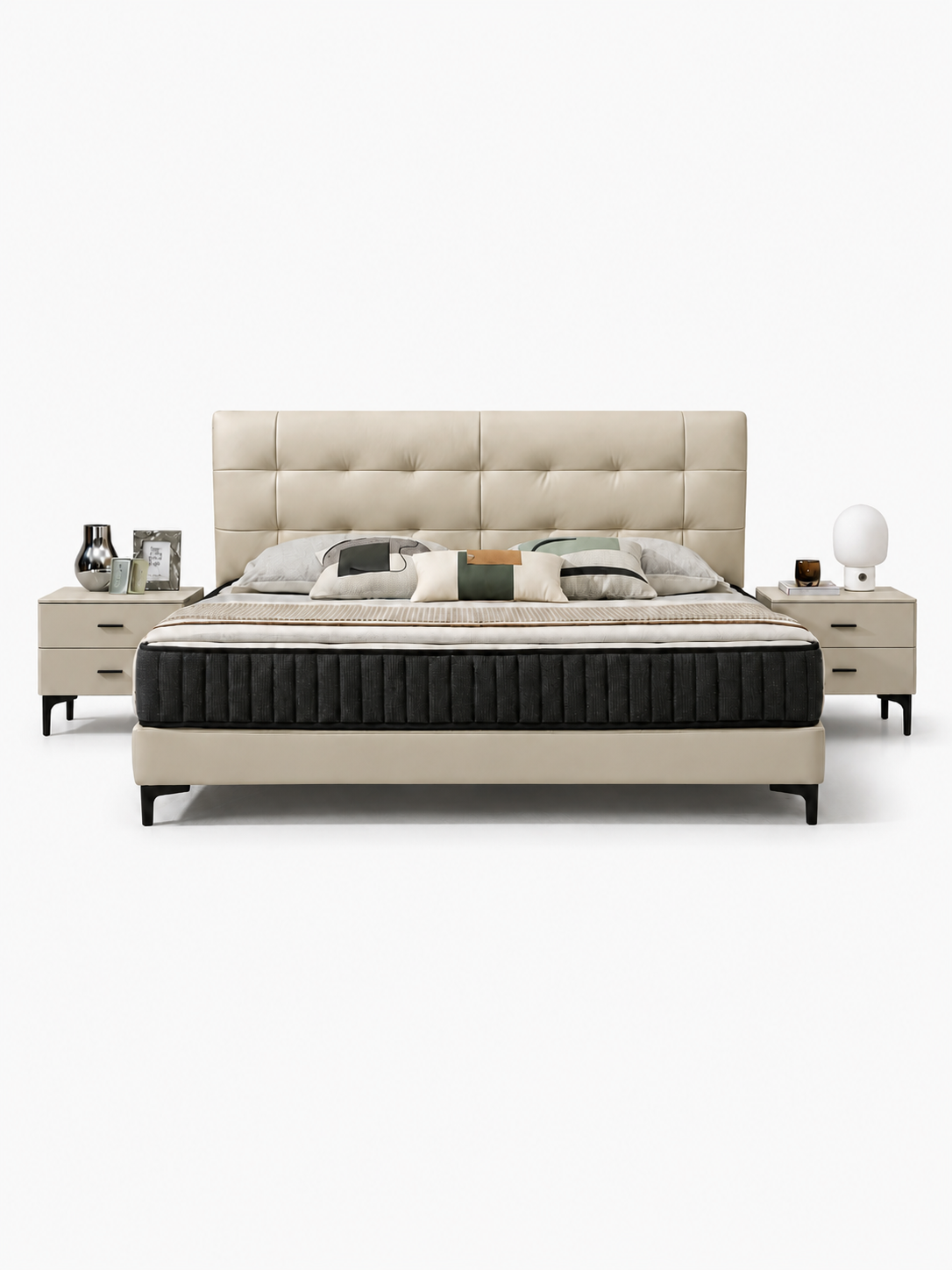 FREE 2 Bedside Tables】HAVANA Genuine Leather Tufted Bed Frame | Integrated Slatted Base | Model 1012