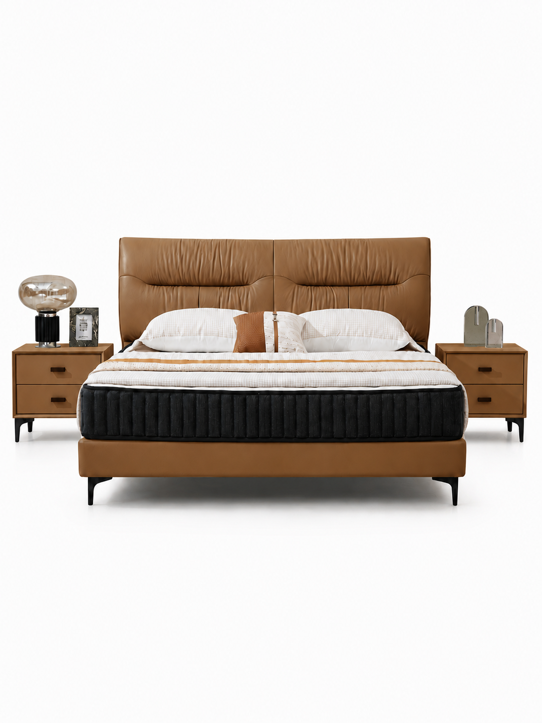 【FREE 2 Bedside Tables】SADDLE Genuine Leather Bed Frame with Extra-Thick Cushioned Headboard | Integrated Slatted Base | Model 1013