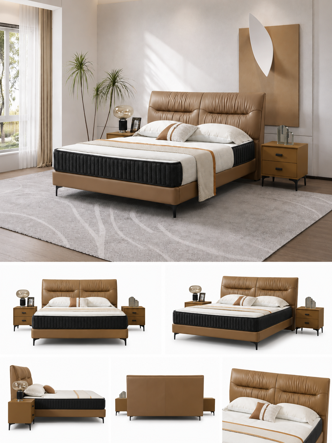 【FREE 2 Bedside Tables】SADDLE Genuine Leather Bed Frame with Extra-Thick Cushioned Headboard | Integrated Slatted Base | Model 1013