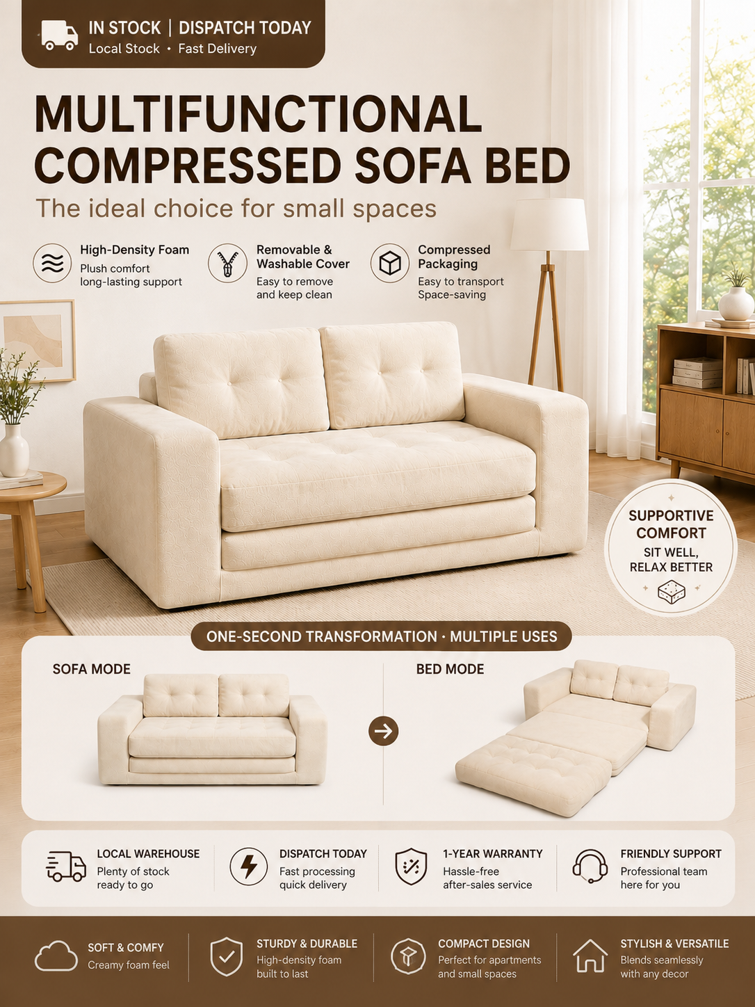 Cream Foam High-Density Foam Convertible Sofa Bed | Foldable Single Lounge Chair - Beige