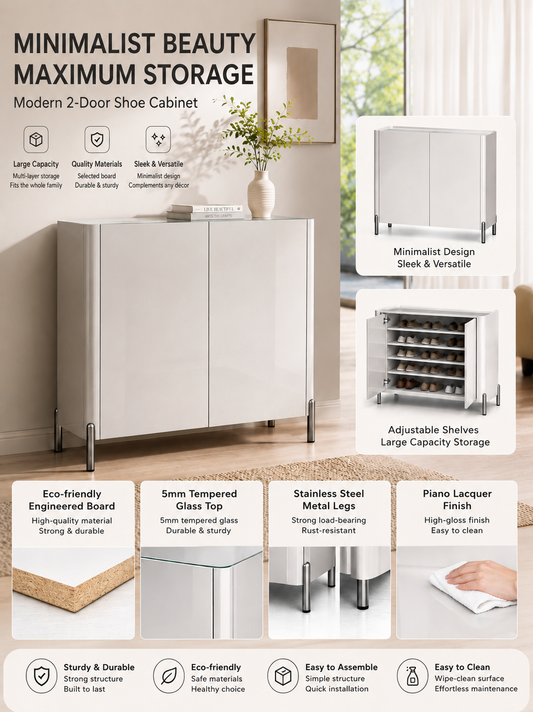 AUREO Modern High Gloss 2-Door Shoe Storage Cabinet with Tempered Glass Top for Entryway | SS-010