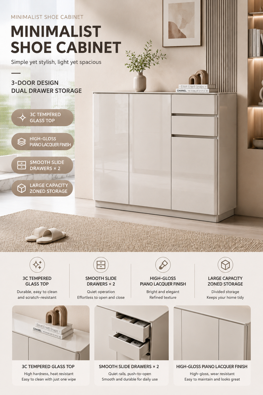 LUXORA Modern High Gloss 3-Door Shoe Cabinet with Tempered Glass Top | Entryway Storage Cabinet | SS-009