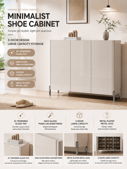 LUXORA Modern High Gloss 3-Door Entryway Shoe Cabinet with Tempered Glass Top | SS-008