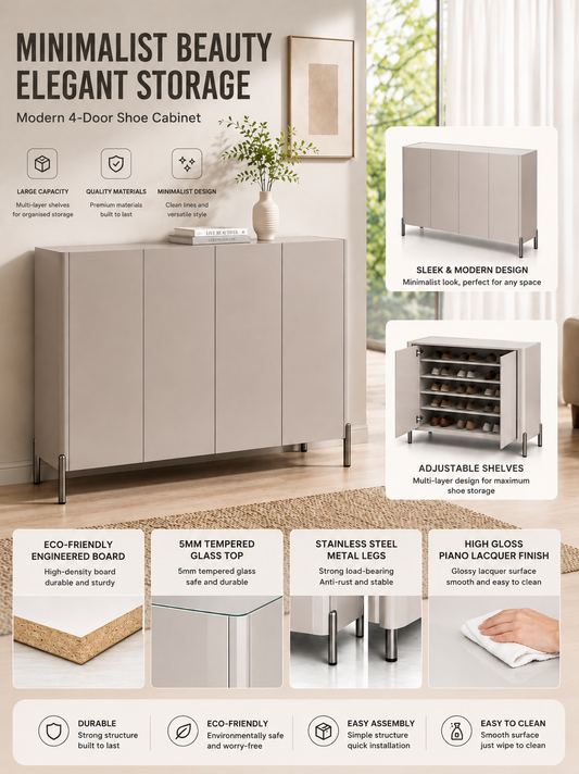 ELARA High Gloss 4-Door Shoe Cabinet with Tempered Glass Top | Entryway Storage Cabinet | SS-012