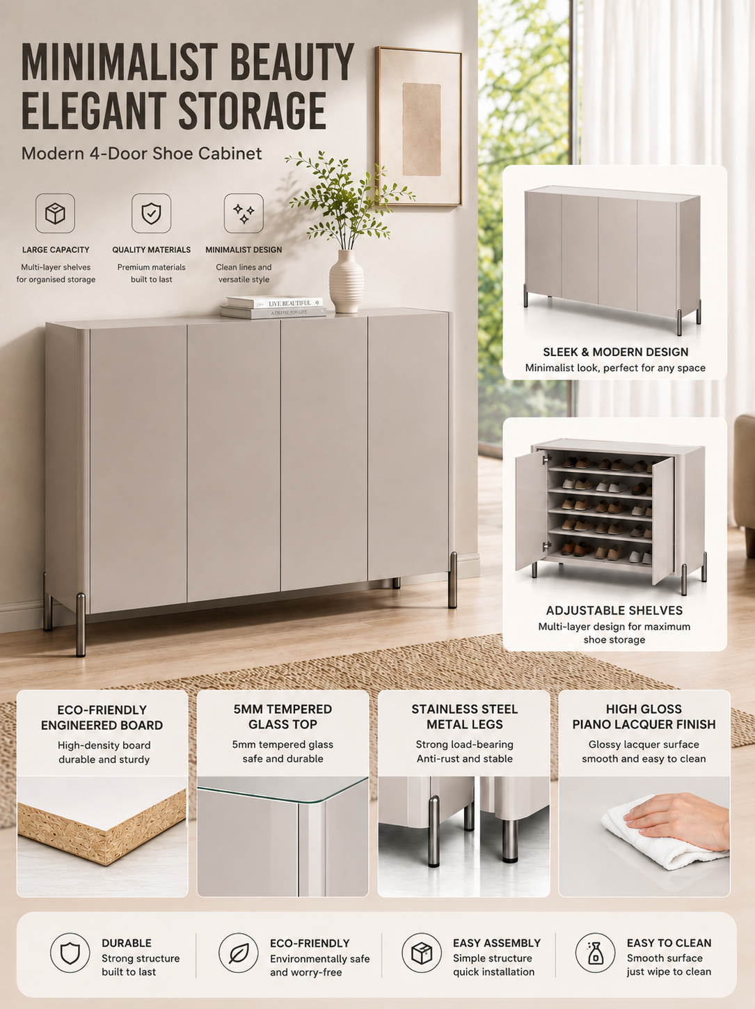 ELARA High Gloss 4-Door Shoe Cabinet with Tempered Glass Top | Entryway Storage Cabinet | SS-012
