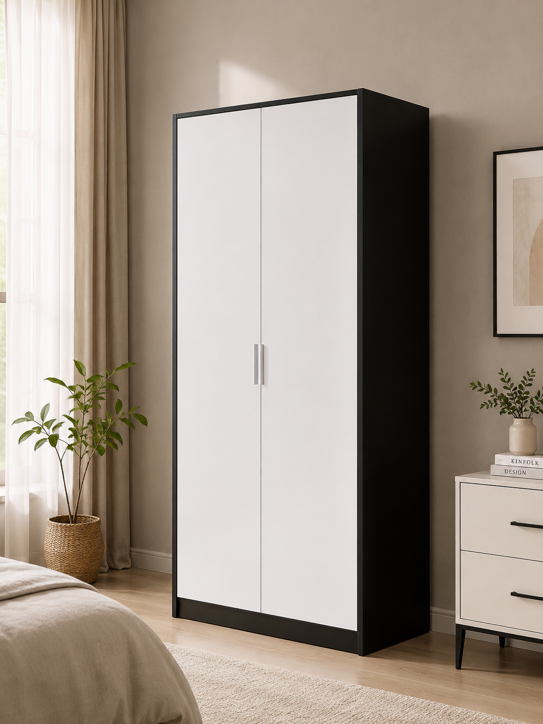 Modern Black & White 2 Door Wardrobe | Freestanding Bedroom Storage Cabinet