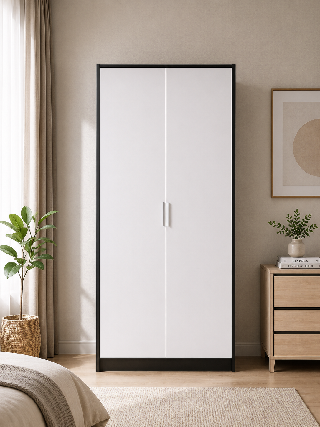 Modern Black & White 2 Door Wardrobe | Freestanding Bedroom Storage Cabinet