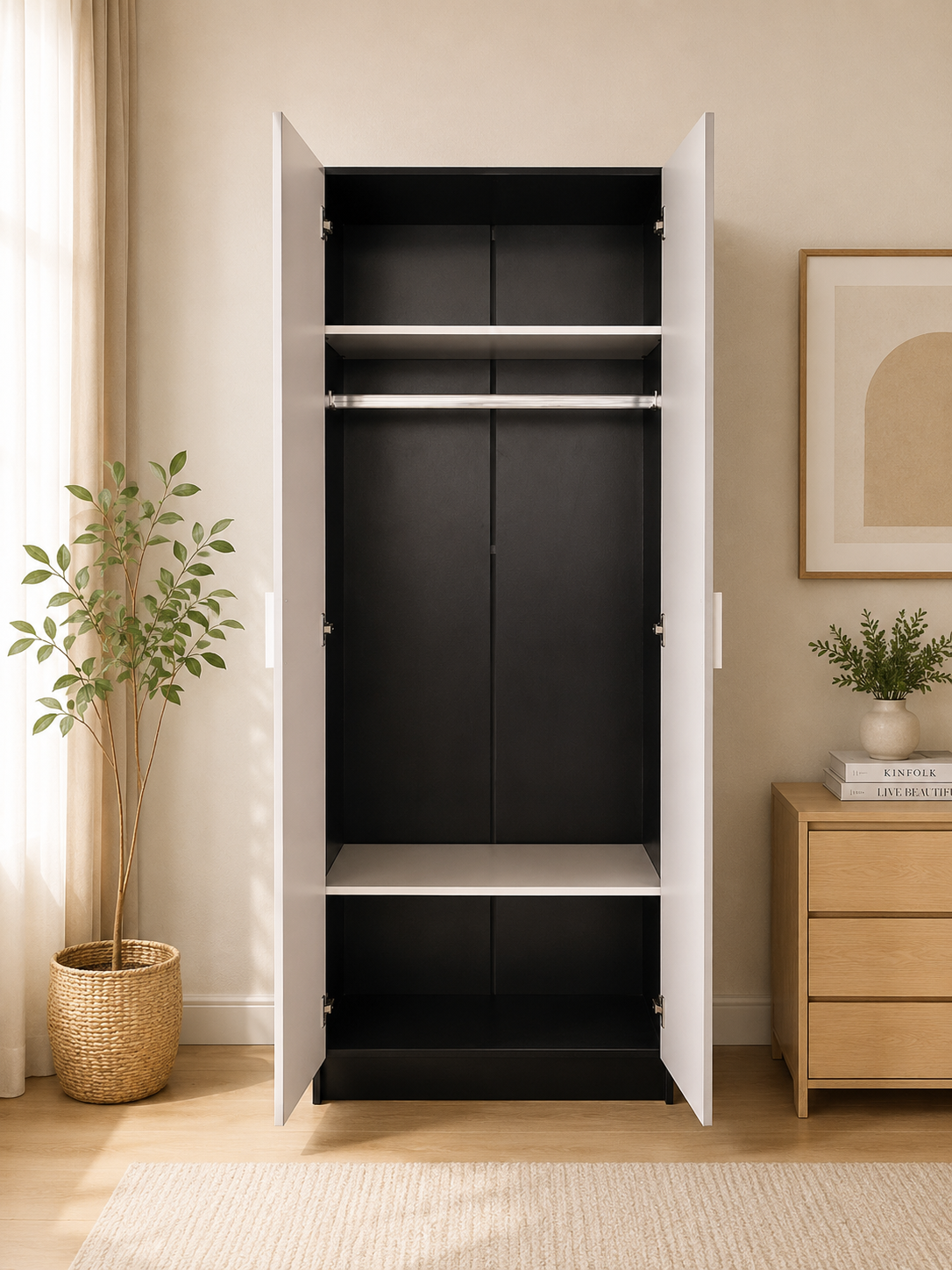 Modern Black & White 2 Door Wardrobe | Freestanding Bedroom Storage Cabinet