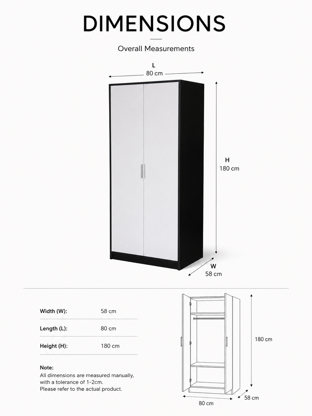 Modern Black & White 2 Door Wardrobe | Freestanding Bedroom Storage Cabinet