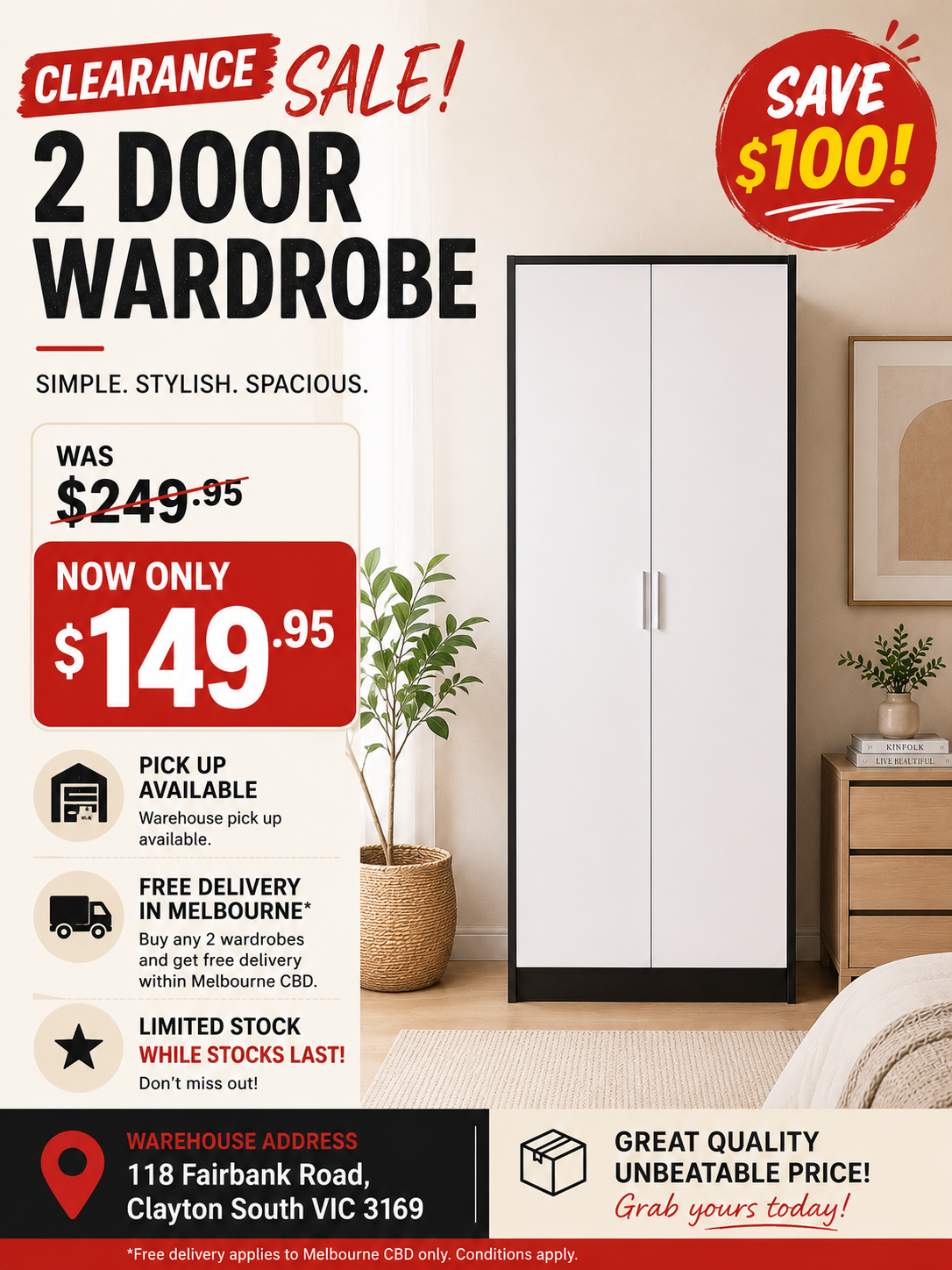 Modern Black & White 2 Door Wardrobe | Freestanding Bedroom Storage Cabinet