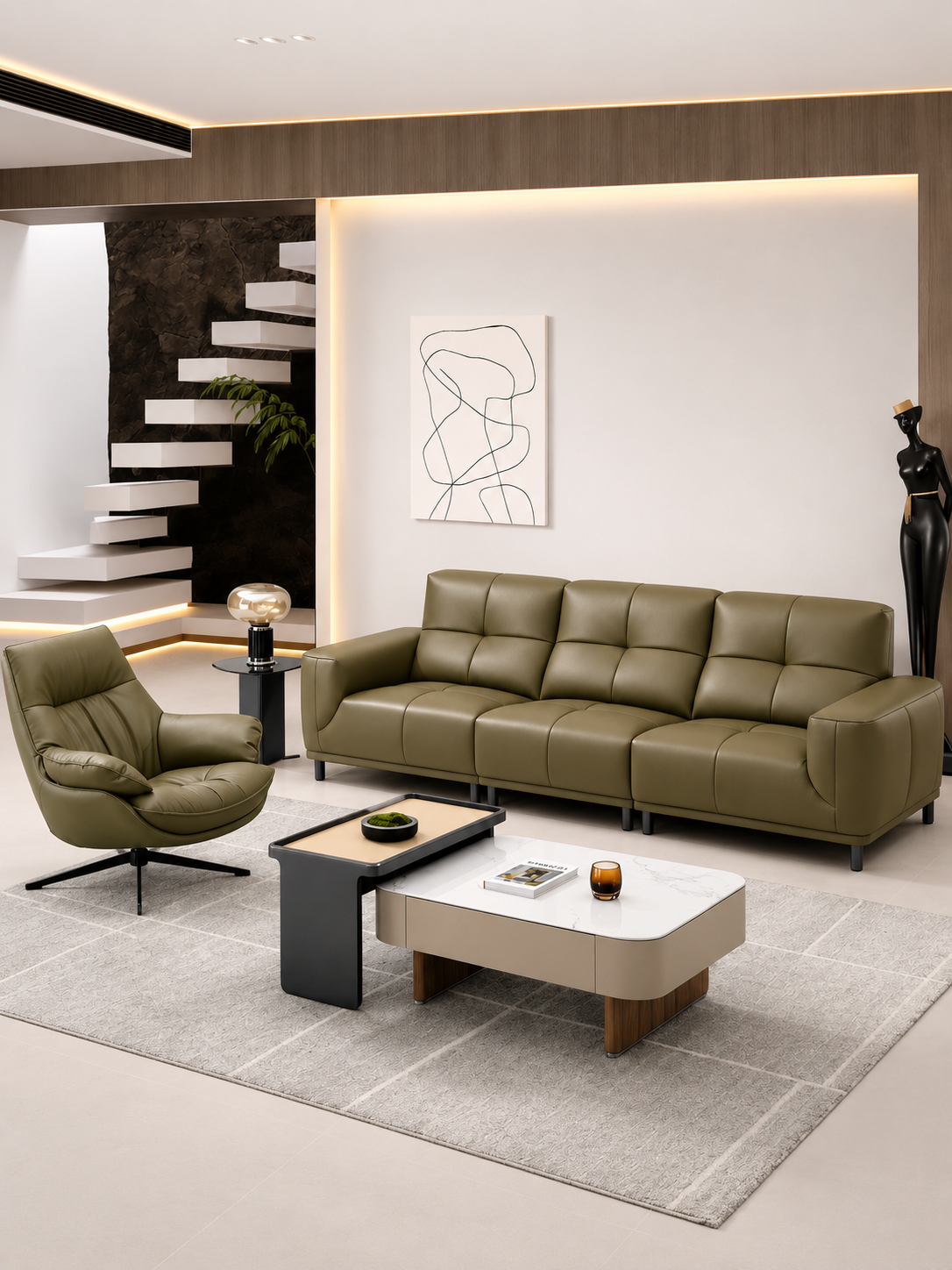 【SALE】BELLAGIO Khaki Genuine Leather 3 Seater Sofa 308cm | Luxury Modern Sofa 1103