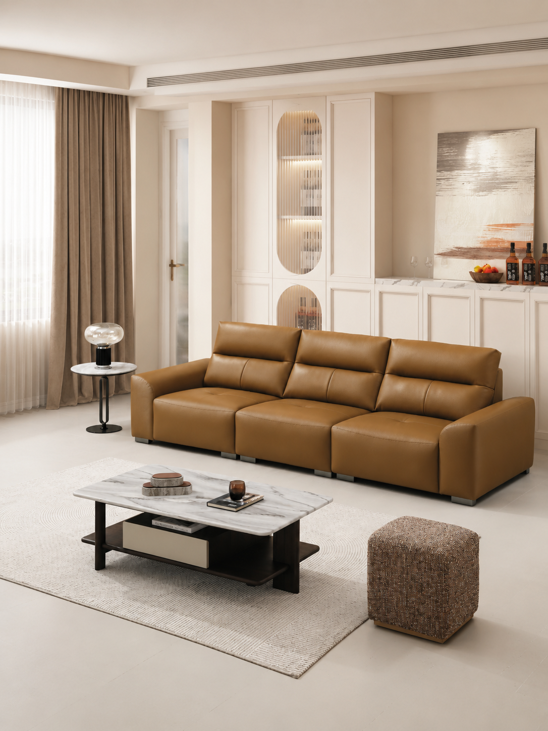 【SALE】PORTOFINO Luxury Brown Genuine Leather 3-Seater Sofa | 306cm 1105