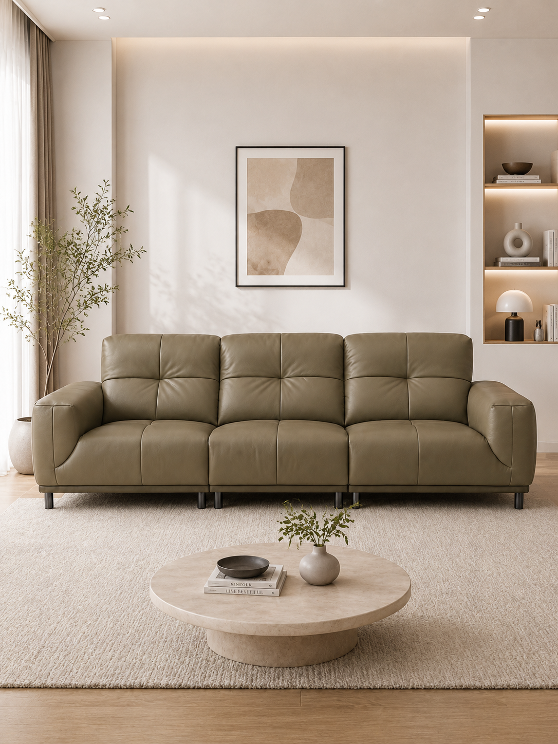 【SALE】BELLAGIO Khaki Genuine Leather 3 Seater Sofa 308cm | Luxury Modern Sofa 1103