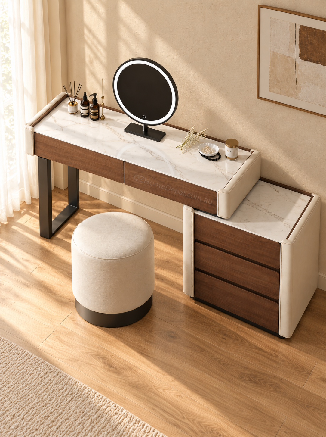 VELORA Sintered Stone Dressing Table Set with Storage Cabinet, LED Mirror & Stool – 6099
