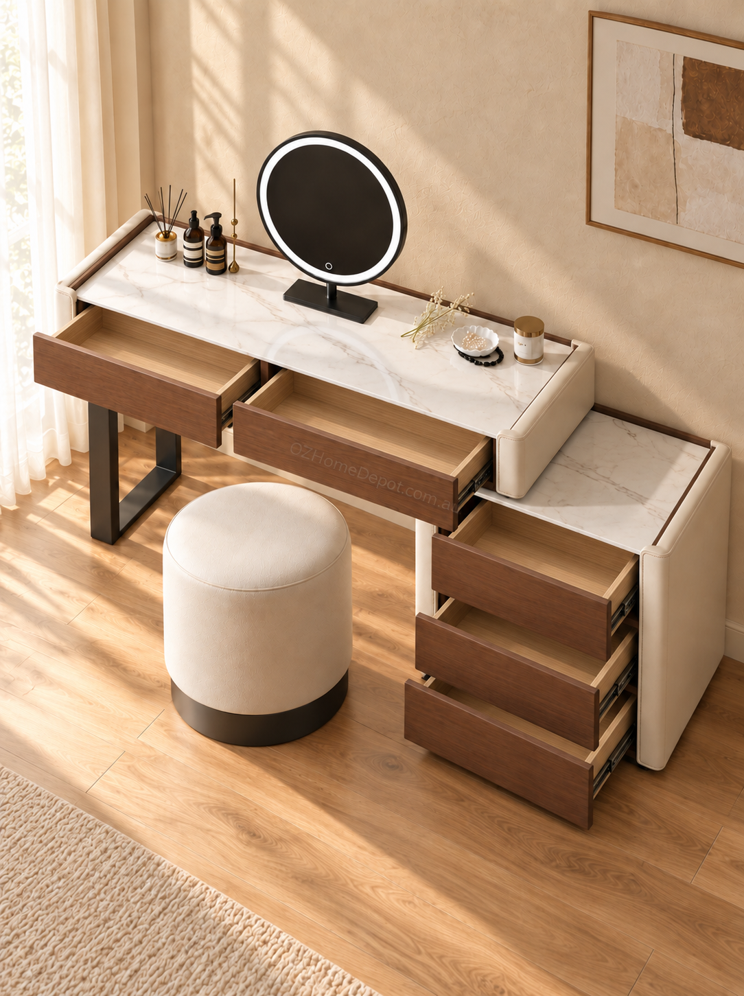 VELORA Sintered Stone Dressing Table Set with Storage Cabinet, LED Mirror & Stool – 6099