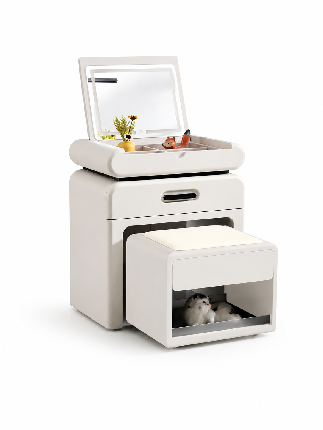 NOVARA Multi-Function Flip-Top Vanity Cabinet with LED Mirror & Hidden Stool | Modern Makeup Vanity Desk 6061