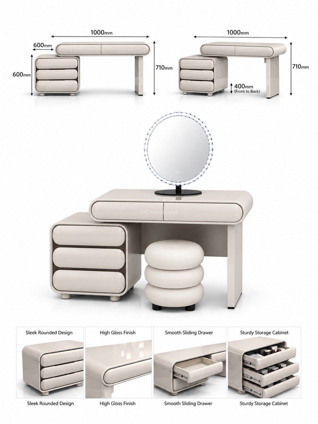 IMPERIA Bubble Vanity Set with LED Mirror, Side Cabinet & Stool | Modern Makeup Vanity 6063