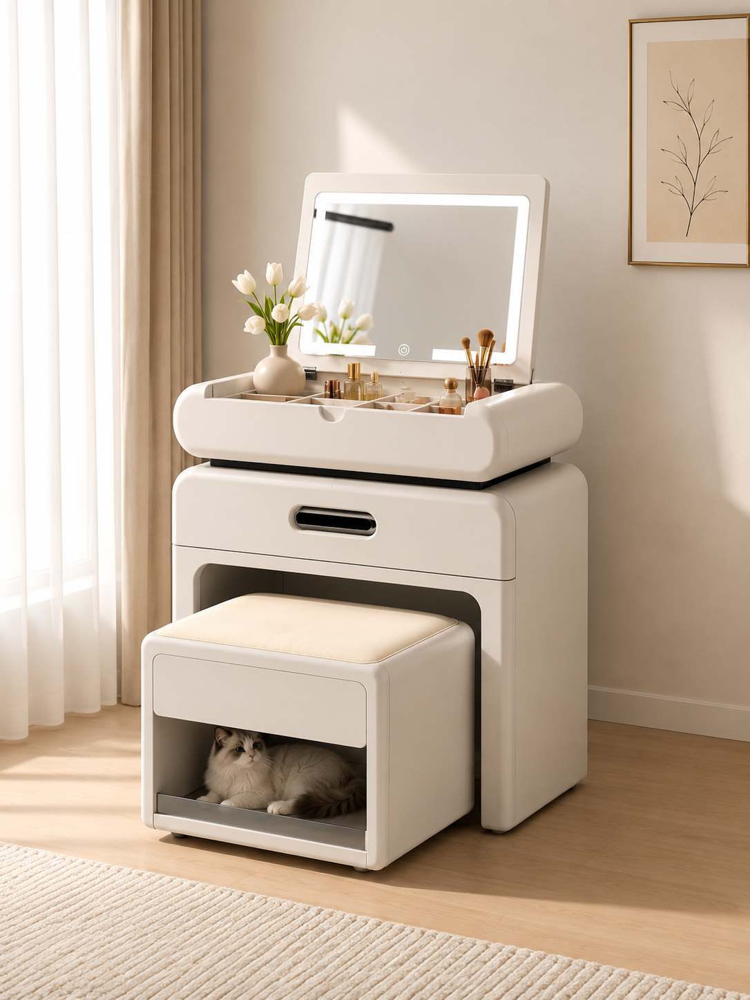 NOVARA Multi-Function Flip-Top Vanity Cabinet with LED Mirror & Hidden Stool | Modern Makeup Vanity Desk 6061