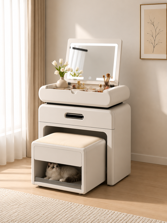 NOVARA Multi-Function Flip-Top Vanity Cabinet with LED Mirror & Hidden Stool | Modern Makeup Vanity Desk 6061