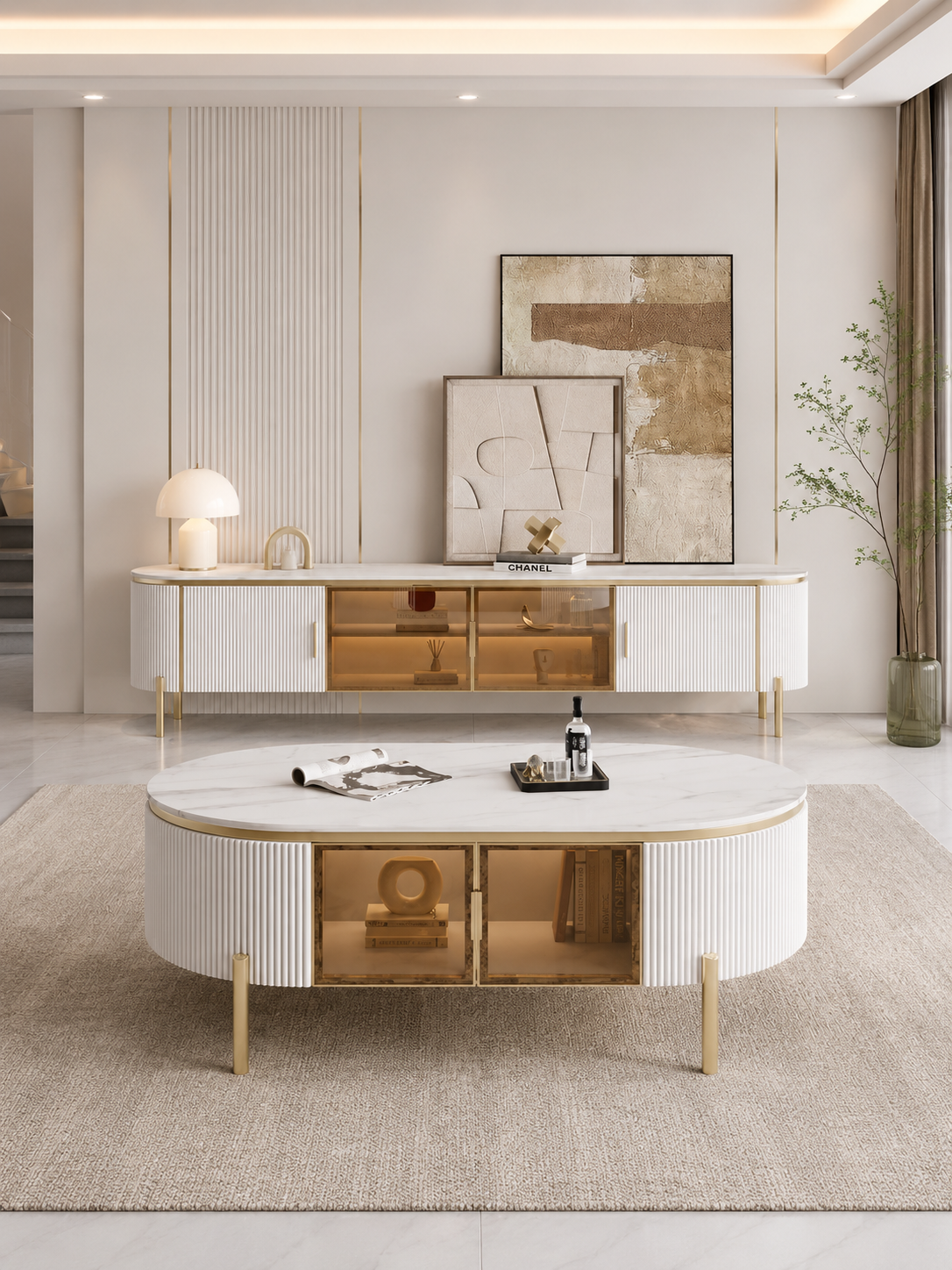 LUCAS White Sintered Stone TV Stand with Gold Legs & Storage