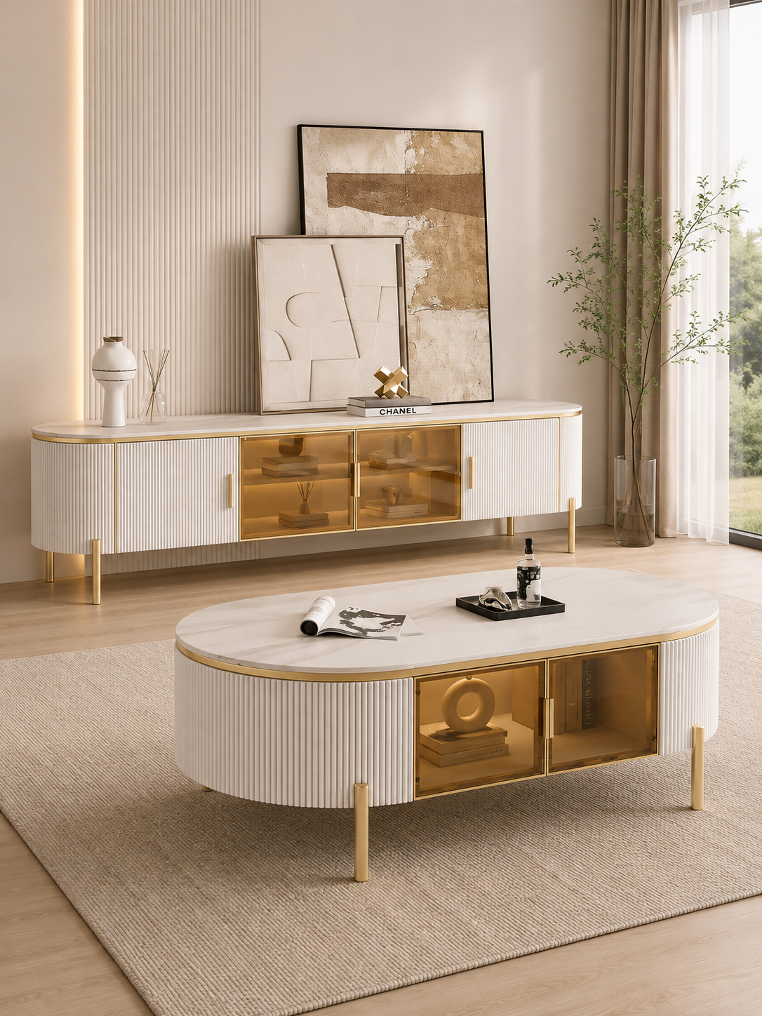 LUCAS White Sintered Stone TV Stand with Gold Legs & Storage