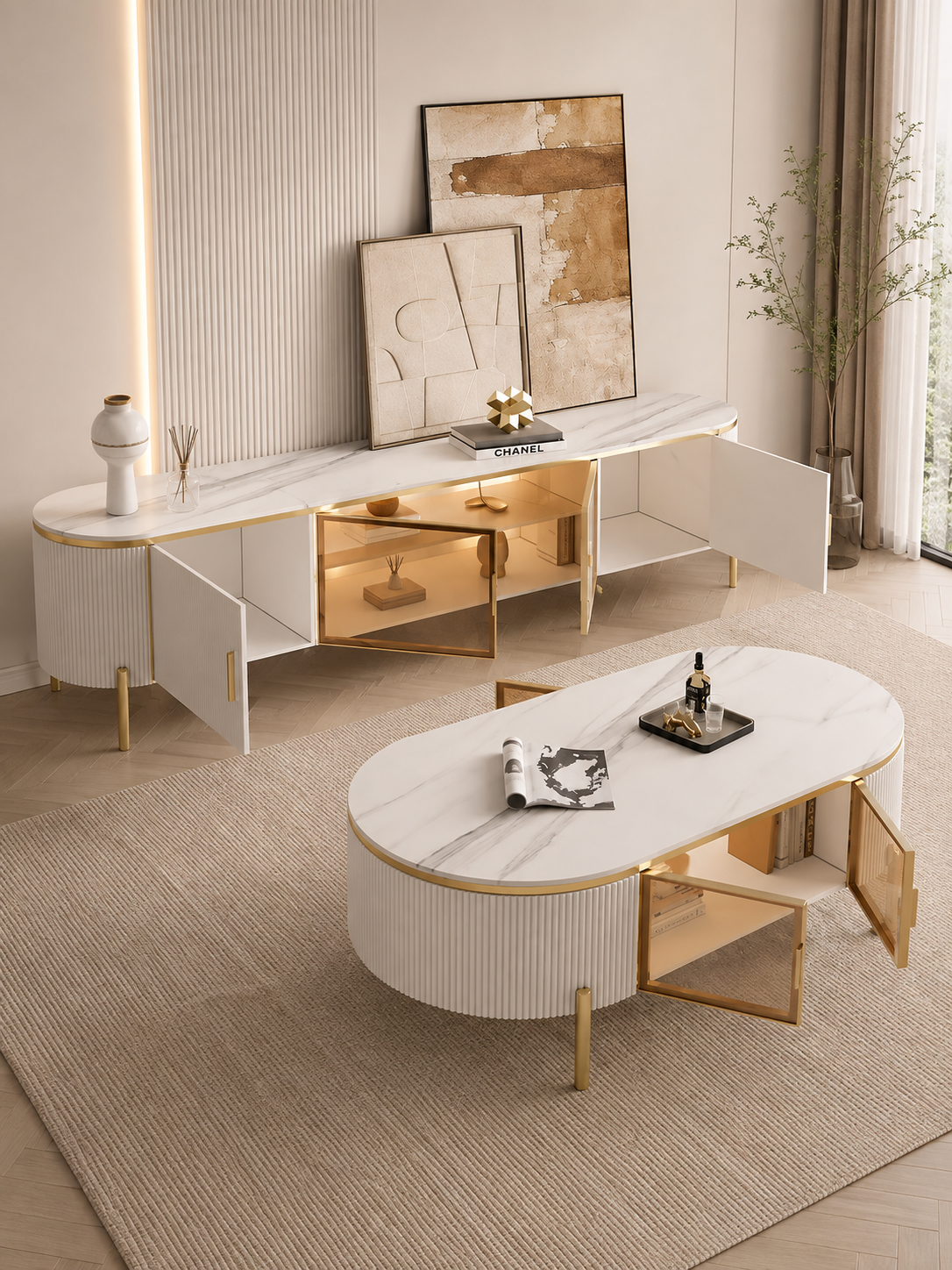 LUCAS White Sintered Stone TV Stand with Gold Legs & Storage