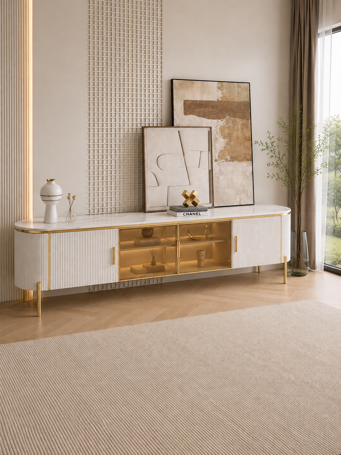 LUCAS White Sintered Stone TV Stand with Gold Legs & Storage