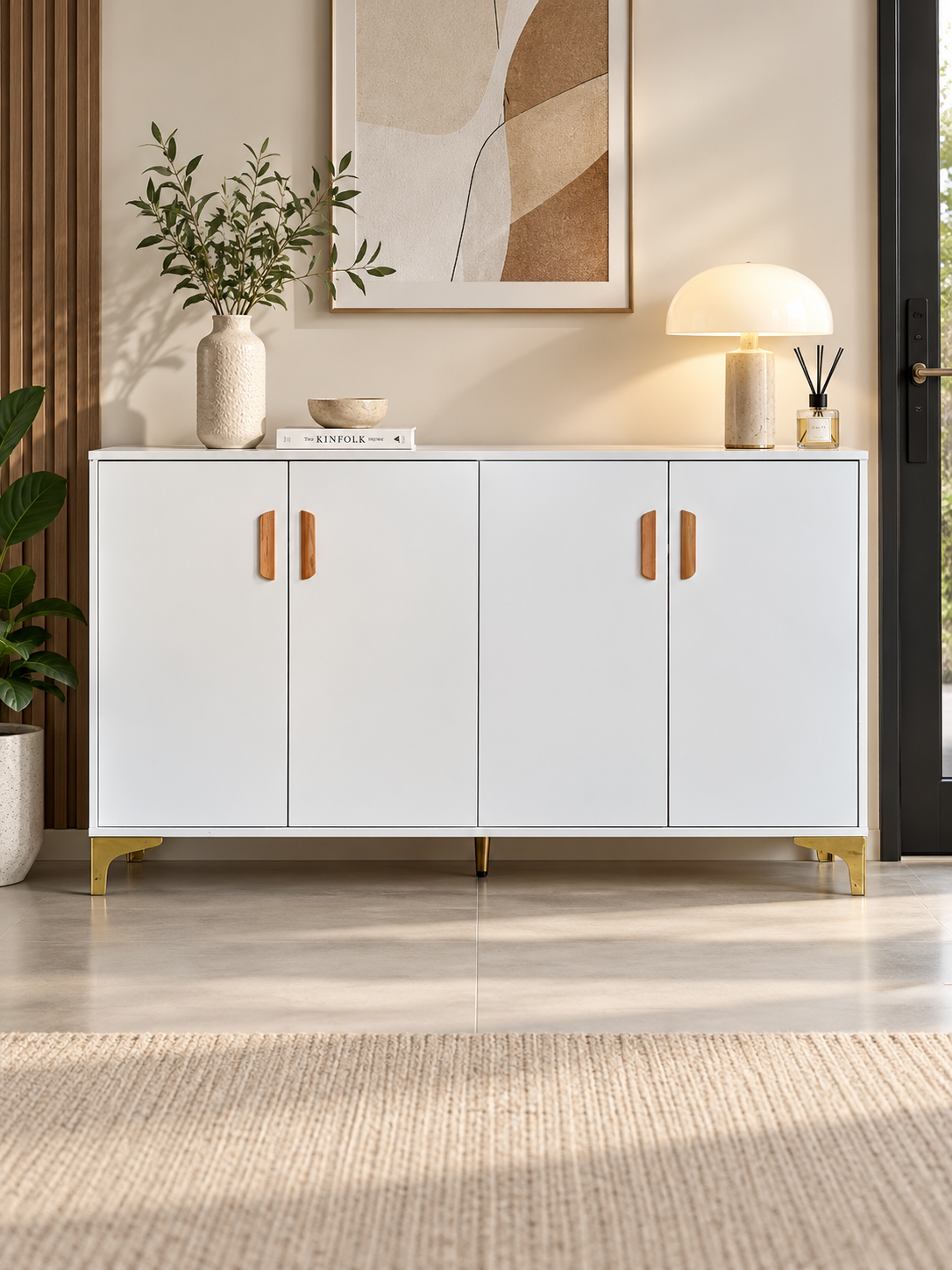 【SALE】Modern White & Natural Wood 4-Door Shoe Cabinet 140cm | SS-002