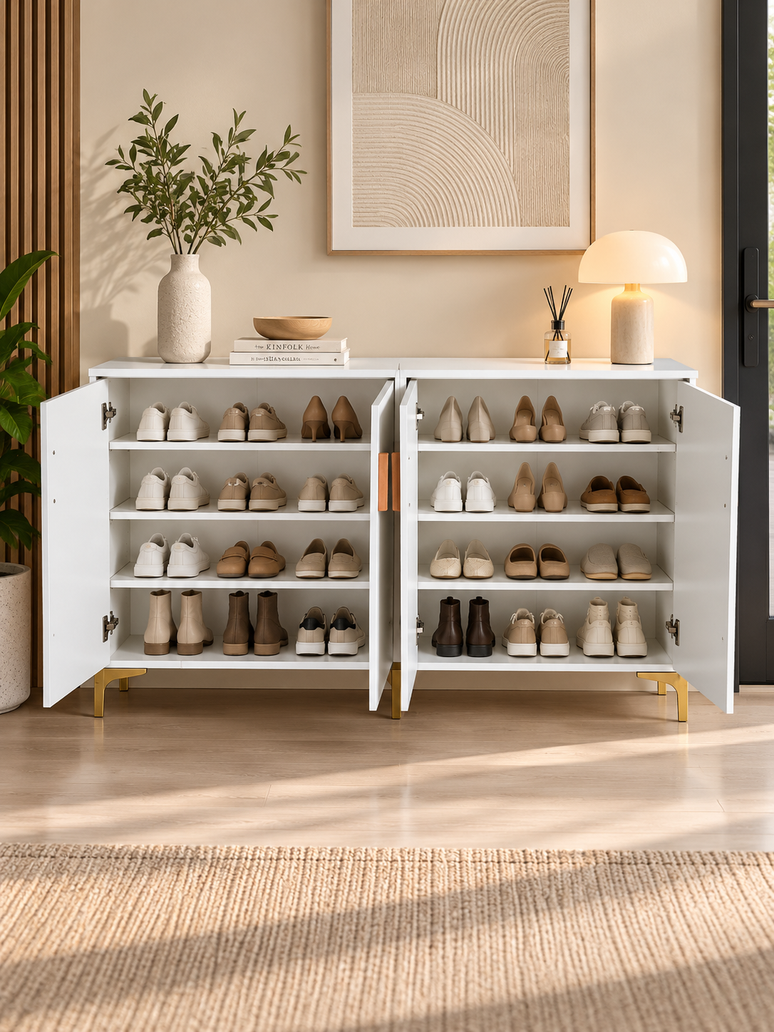 【SALE】Modern White & Natural Wood 4-Door Shoe Cabinet 140cm | SS-002