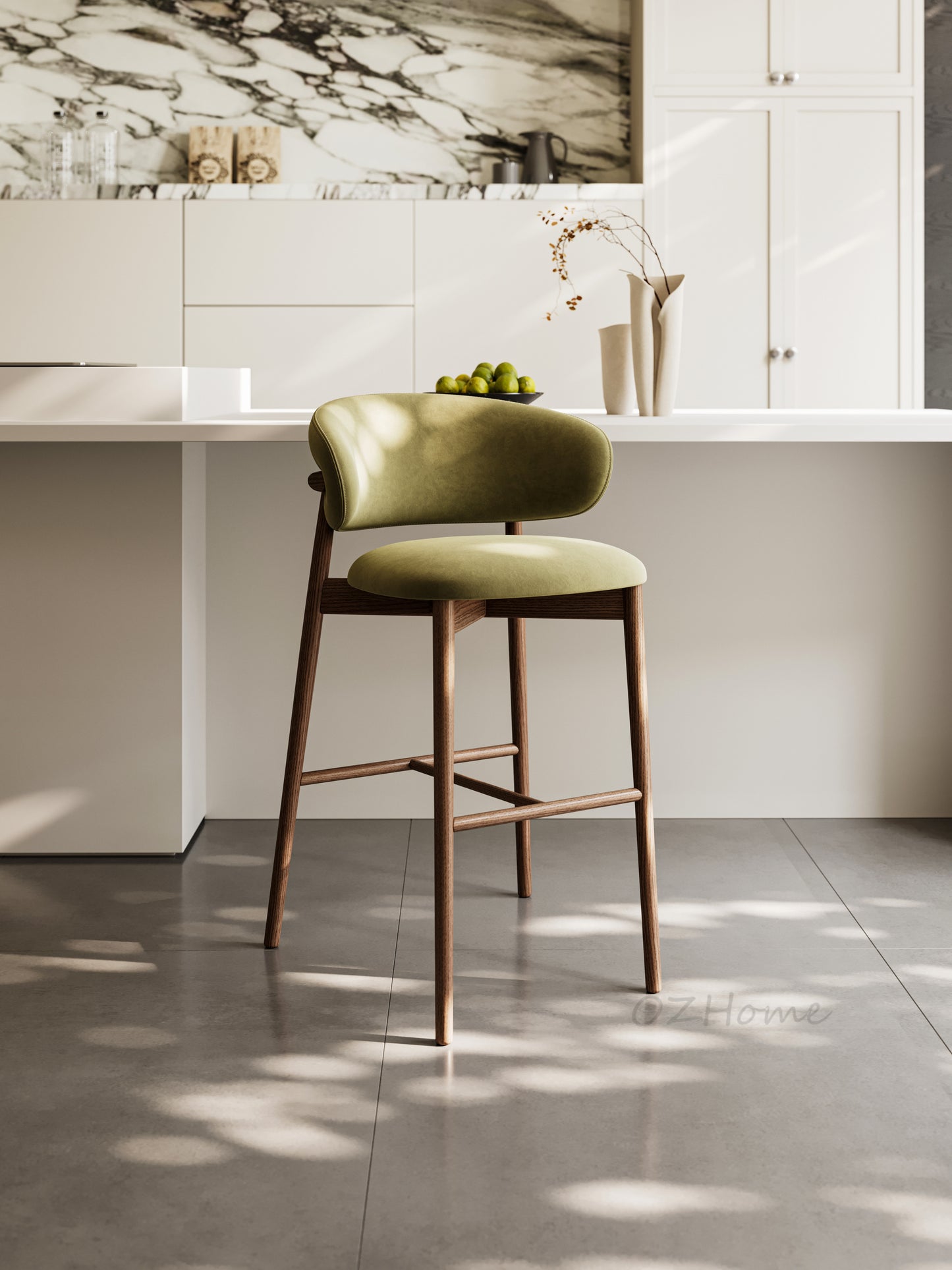 Product Name: CALLIOPE Bar Stool in Walnut-Stained Solid Ash Wood with Olive Green Velvet – Model 4068-BAR