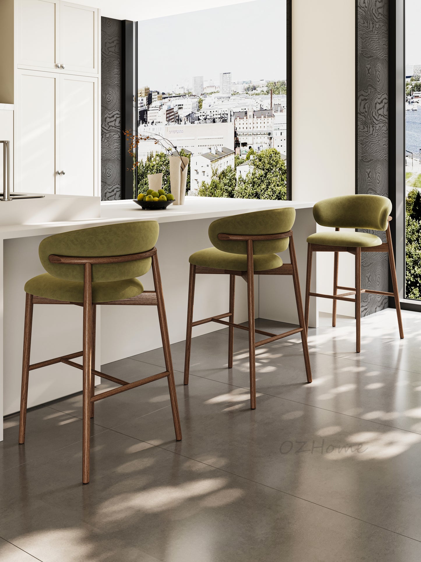 Product Name: CALLIOPE Bar Stool in Walnut-Stained Solid Ash Wood with Olive Green Velvet – Model 4068-BAR