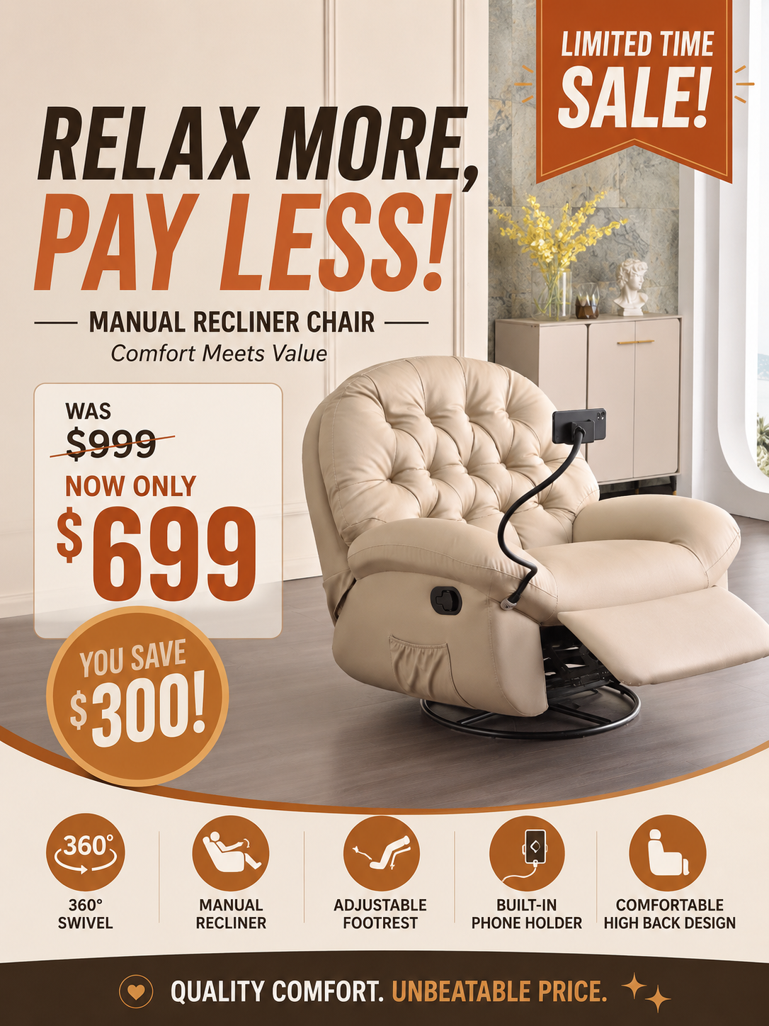 Manual Swivel Recliner Chair with Footrest in Warm Beige - 360° Swivel Cat-Scratch Fabric