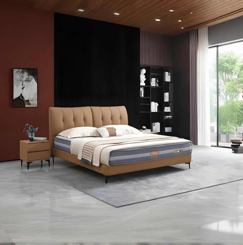 【Free Bedside Tables Included】NOVA Genuine Leather Series Brown Thick-Cushion Bed Frame with Integrated Bed Base | Model 1006