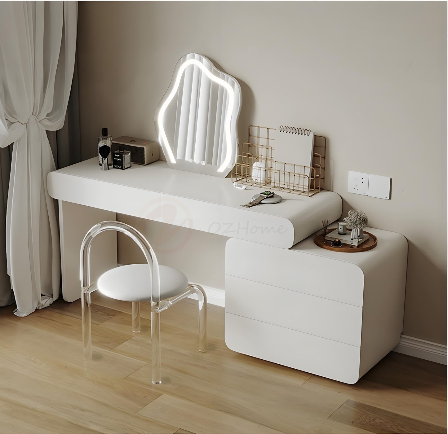 CATERINA Cream Aesthetic Small White Lacquer Vanity Table with Storage Cabinet, Mirror, and Stool | 6026