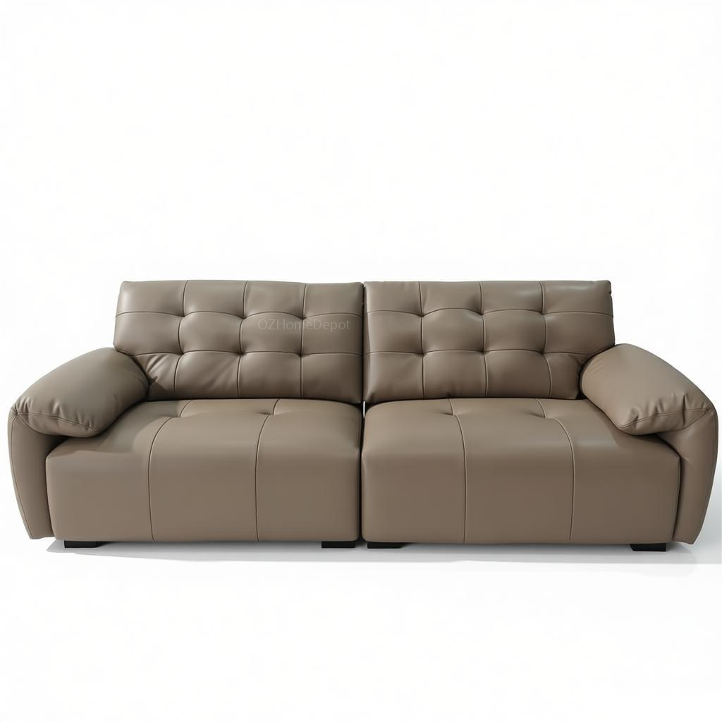 SNOW FLUFF Brown Genuine Leather 3-Seater Sofa 260cm | Modern French Tufted Long Sofa | Premium Leather Couch Australia