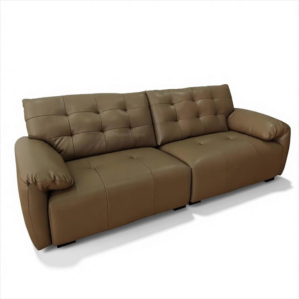 SNOW FLUFF Brown Genuine Leather 3-Seater Sofa 260cm | Modern French Tufted Long Sofa | Premium Leather Couch Australia