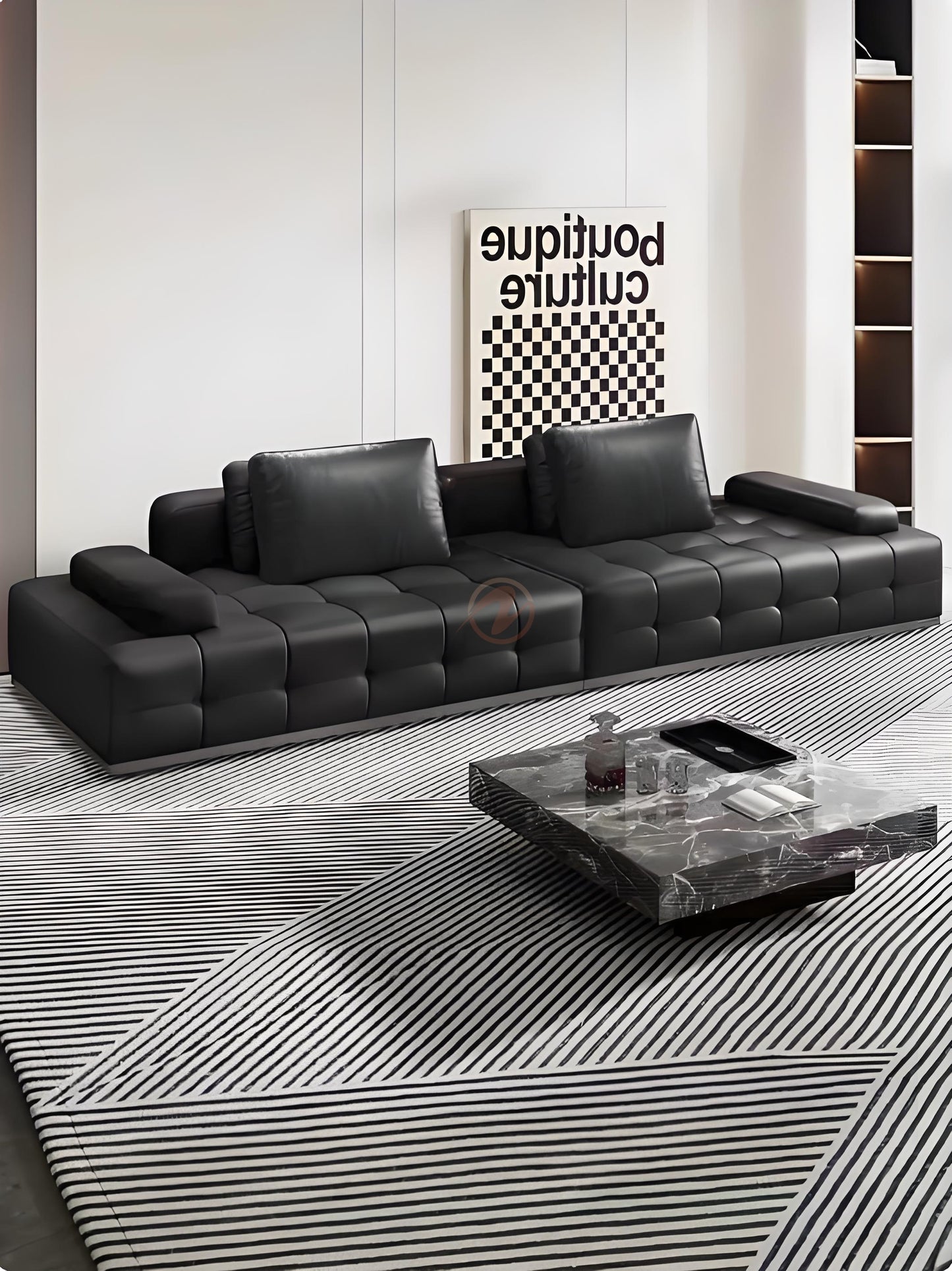 LAURENCE Premium Black Leather Sofa with Oversized Cushions – 280cm | 1044
