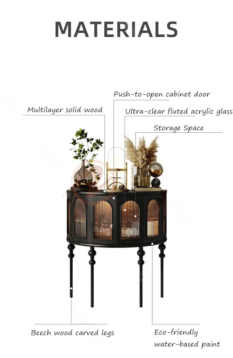 Seraphine Gothic-style Black Cabinet with Ribbed Glass Doors, Storage Sideboard | Semi-circular | buffet 7026