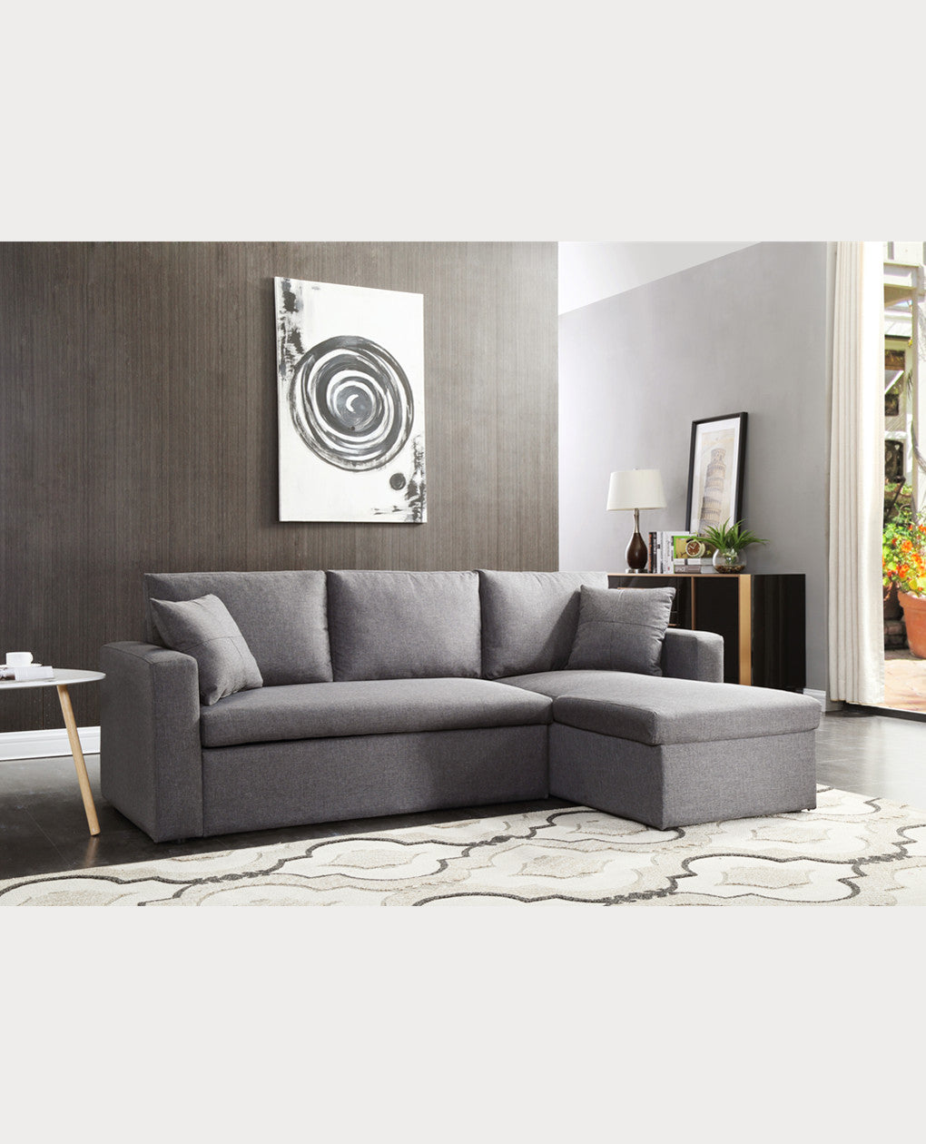 Modern Design Linen Fabric 3-Seat Sofa Bed With Storage Chaise Grey