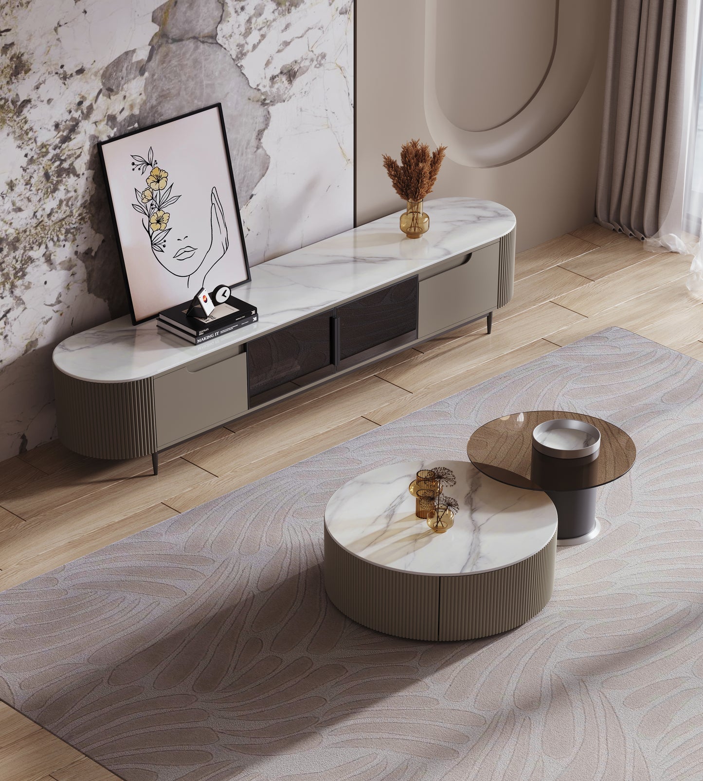 Keesley Nesting Coffee Table Set/Glossy Sintered Stone top/ Modern