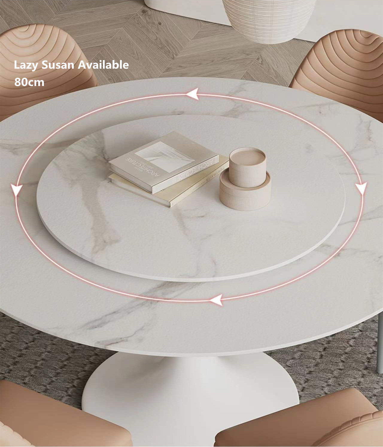 Solana White Sintered Stone Round Dining Table with Lazy Susan
