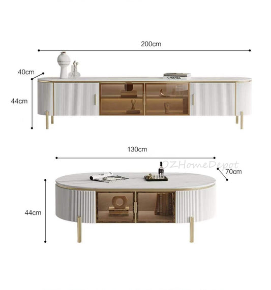 LUCAS White Sintered Stone TV Stand with Gold Legs & Storage