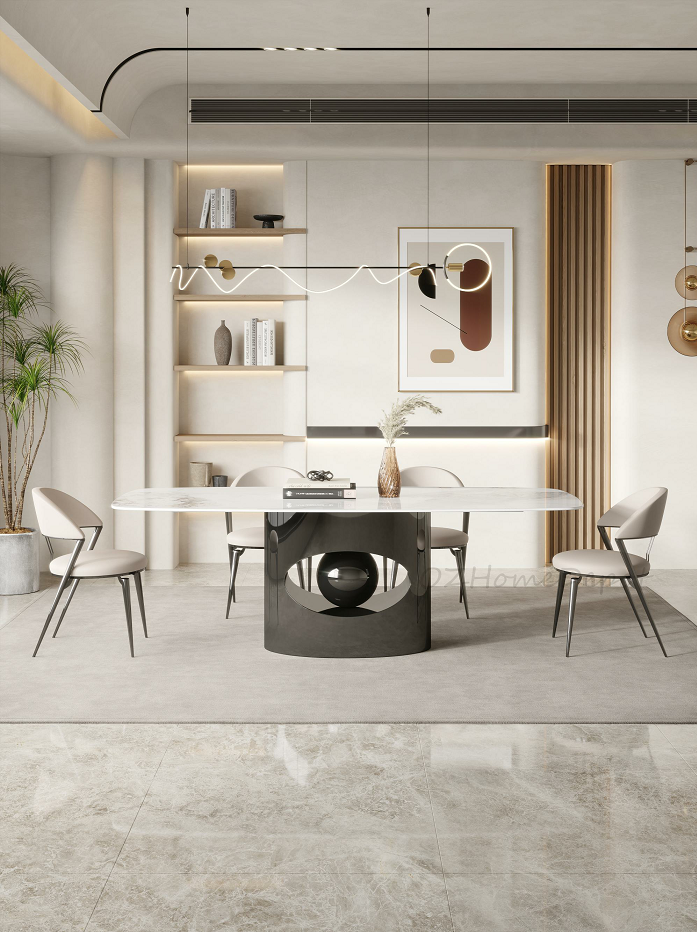 ANGLE EYE Chanel Marble Paint Sintered Stone Top  Long Dining Table with Chairs Set 9062