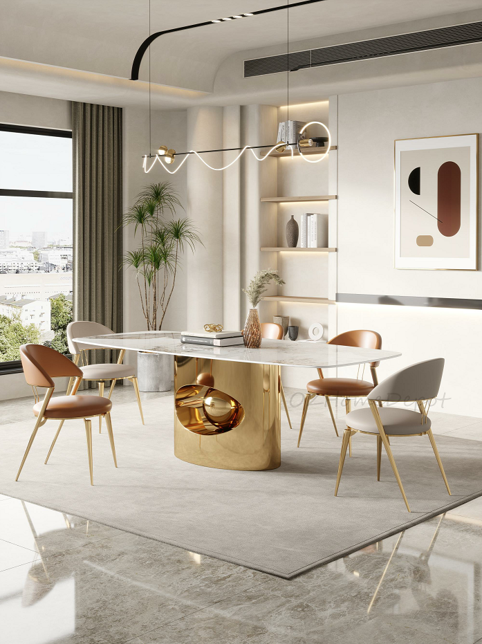 ANGLE EYE Chanel Marble Paint Sintered Stone Top  Long Dining Table with Chairs Set 9062