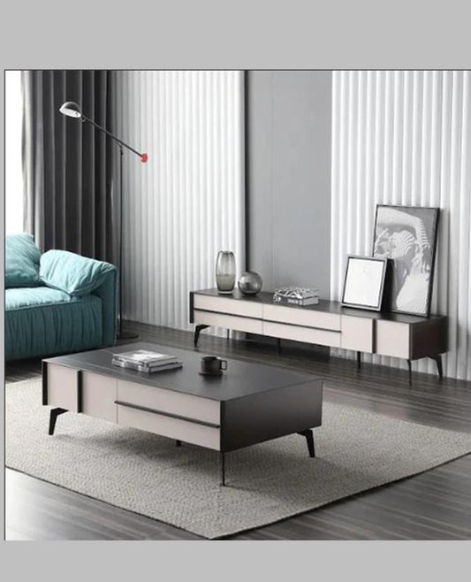 AMELIA Mordern Minimalistic/ Entertainment TV Unit-200cm Ceramic Top White/Black /MDF & Metal